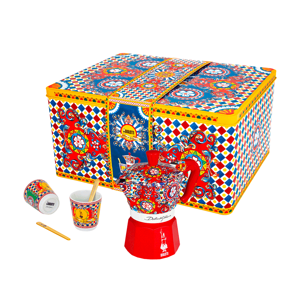 Set Moka Express Carretto Siciliano 2 tz, 2 bicchierini in porcellana e 2 palettine dorate
