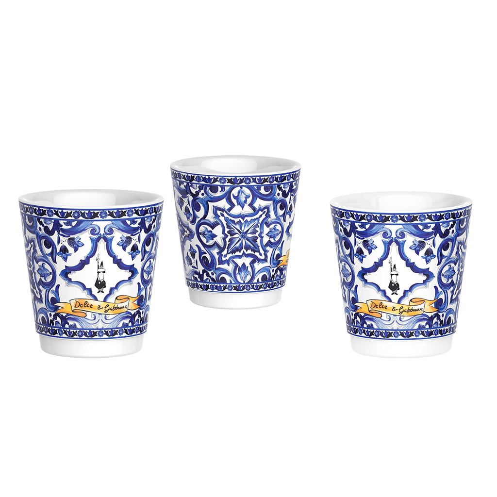 Set Moka Express Blu Mediterraneo 3 tz, 3 bicchierini di porcellana e 3 palettine argentate