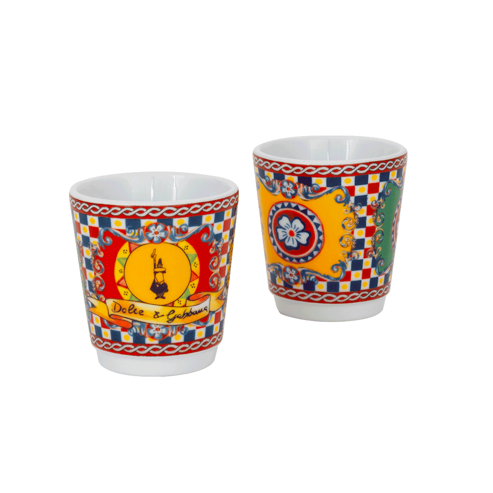 Set Moka Express Carretto Siciliano 2 tz, 2 bicchierini in porcellana e 2 palettine dorate