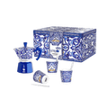 Set Moka Express Blu Mediterraneo 3 tz, 3 bicchierini di porcellana e 3 palettine argentate