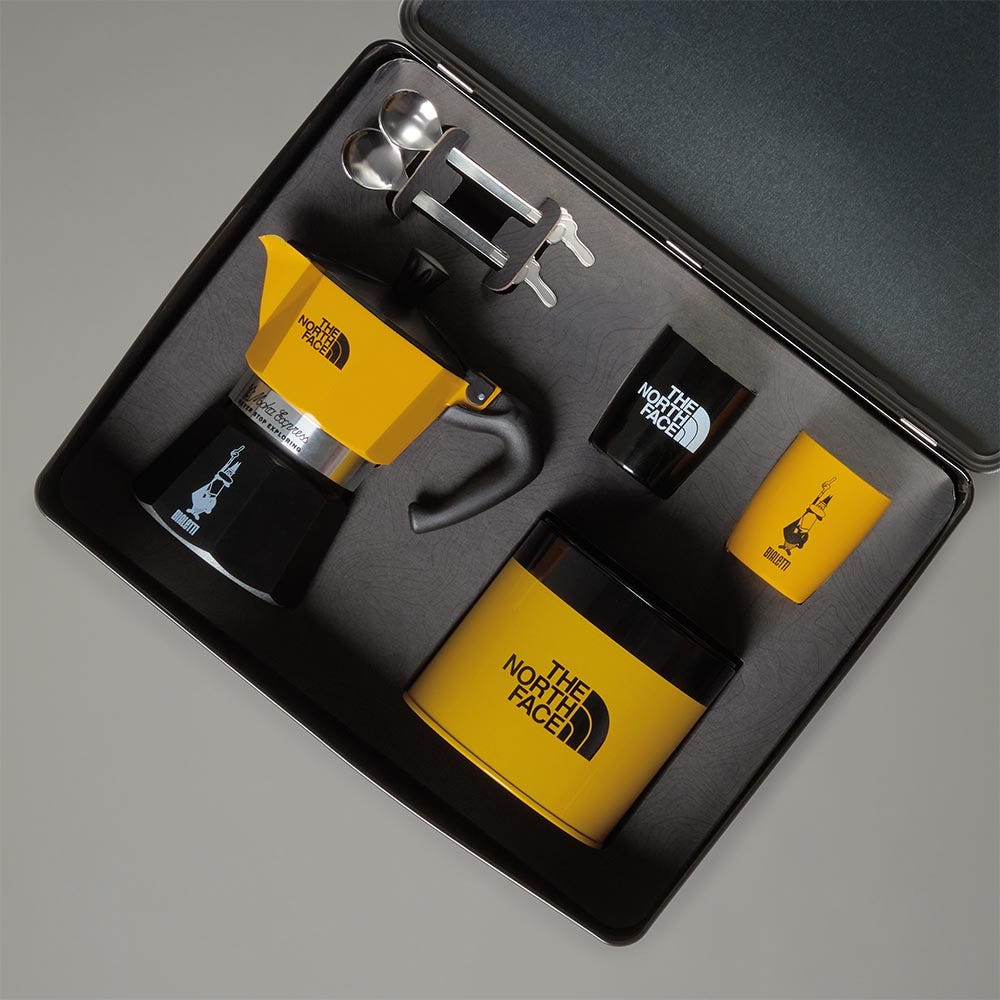 Set Moka Express The North Face 3 tz 2 bicchierini 2 cucchiaini e caffè Perfetto Moka 100 gr in latta