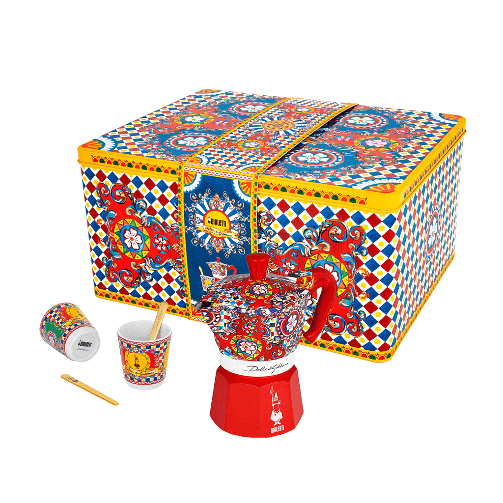 Set Moka Express Carretto Siciliano 2 tz, 2 bicchierini in porcellana e 2 palettine dorate