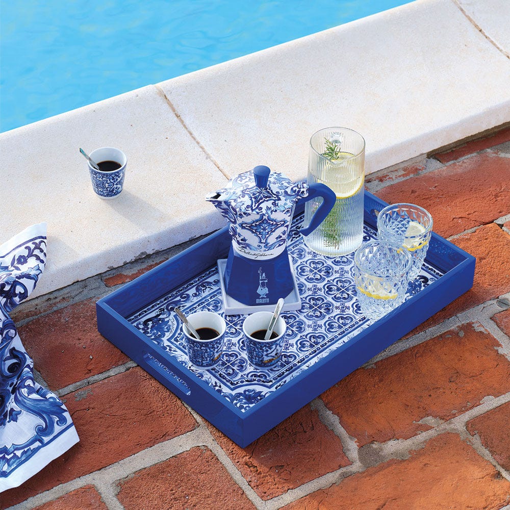 Set Moka Express Blu Mediterraneo 3 tz, 3 bicchierini di porcellana e 3 palettine argentate