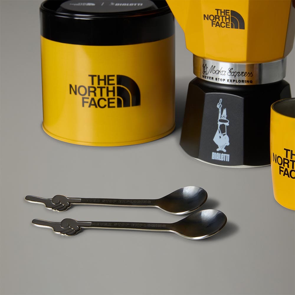 Set Moka Express The North Face 3 tz 2 bicchierini 2 cucchiaini e caffè Perfetto Moka 100 gr in latta